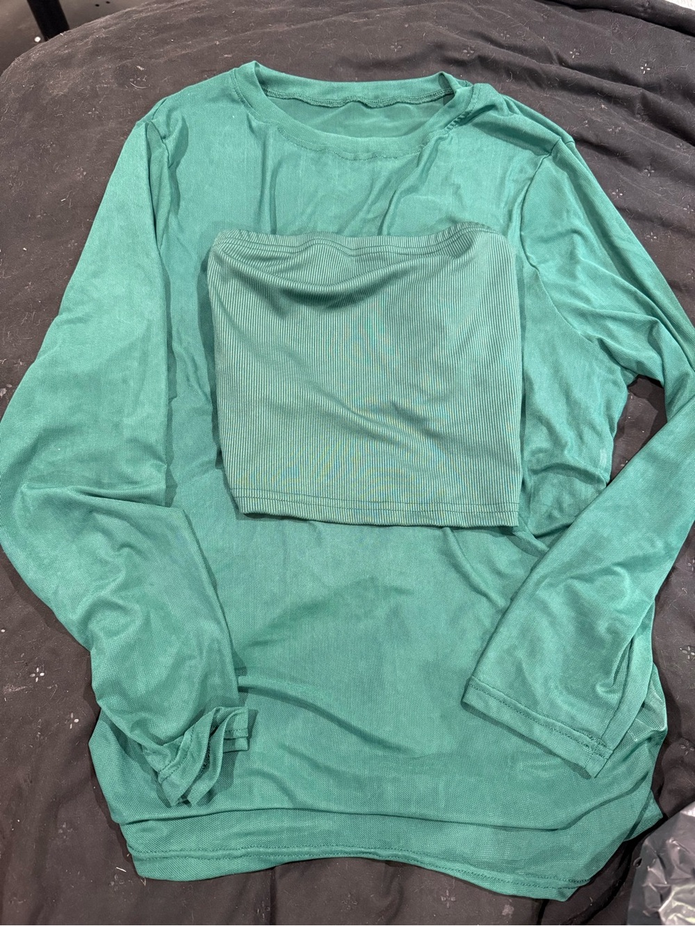 Women's Green Long Sleeve Top with Matching Tube Layer